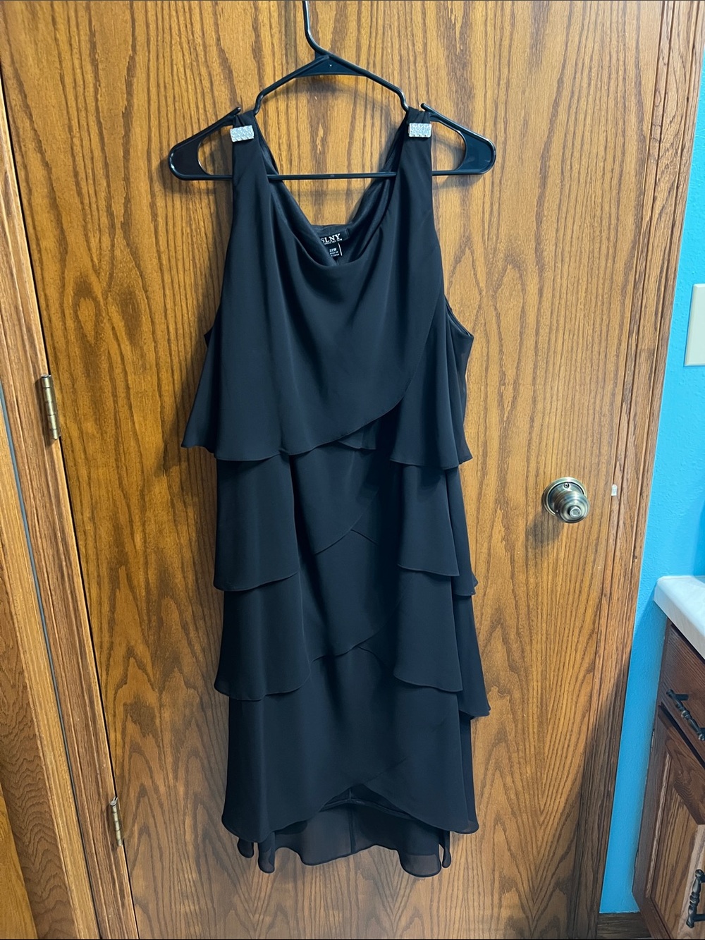 SLNY Black Layered High-Low Dress with Rhinestone Straps